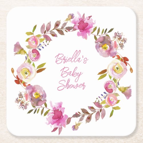 Pink Watercolor Floral Wreath Square Paper Coaster