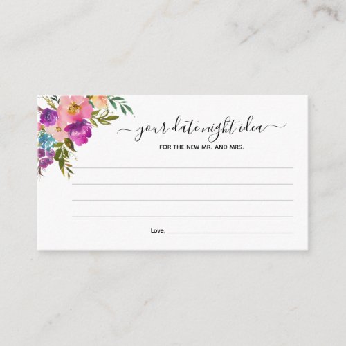 Pink Watercolor Floral Your Date Night Idea Enclosure Card