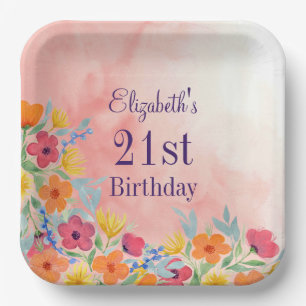 Pink Watercolor Florals 21st Birthday Paper Plates