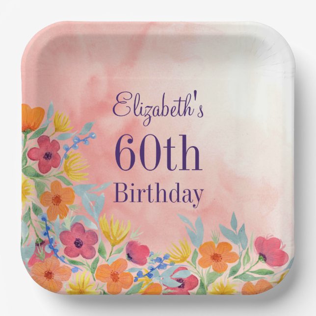 Pink Watercolor Florals 60th Birthday Paper Plates (Front)
