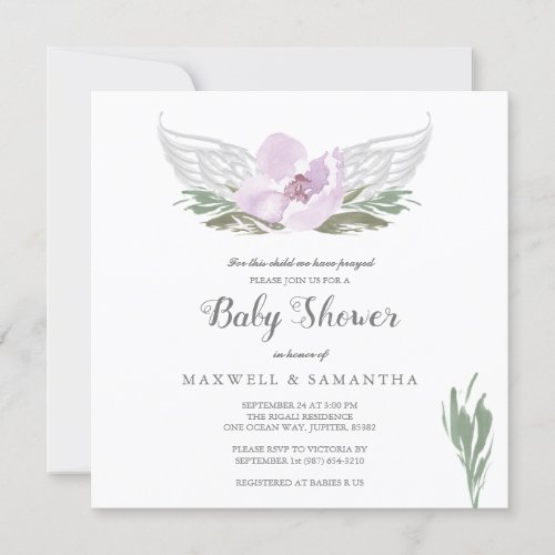 Pink Watercolor Florals Angel Wings Baby Shower Invitation