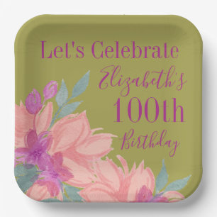 Pink Watercolor Florals Customizable Birthday Paper Plates