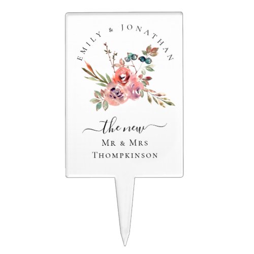 Pink Watercolor Florals Thank You Names Wedding Cake Topper