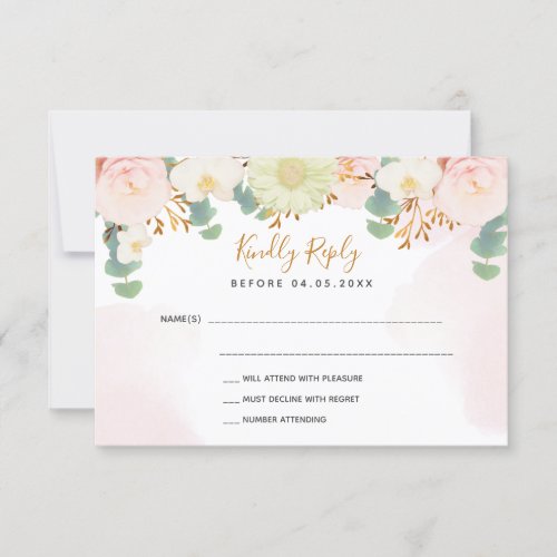 Pink watercolor florals white Wedding RSVP