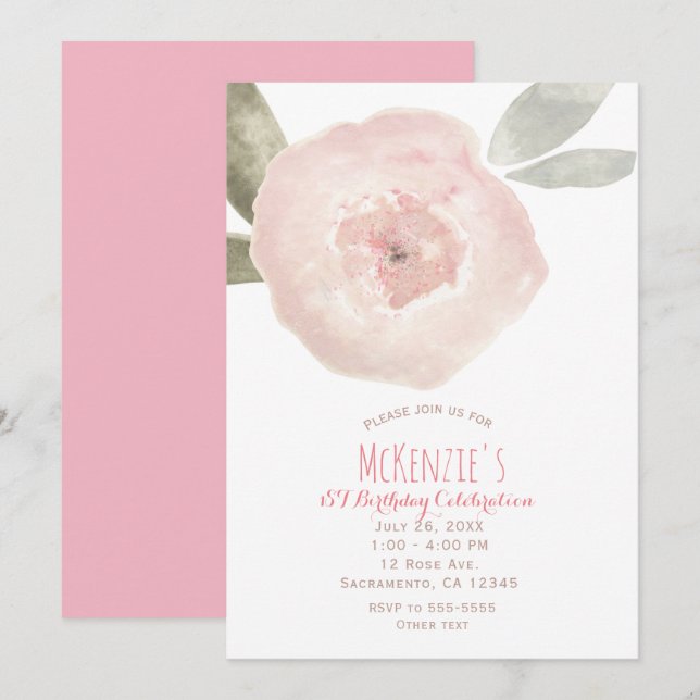 Pink Watercolor Flower 1st Birthday Party  Invitation (Front/Back)