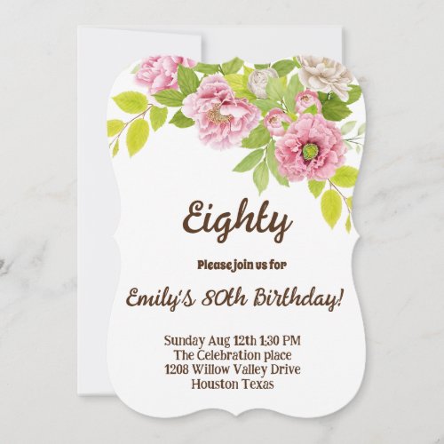 Pink watercolor flower 80th birthday invitation