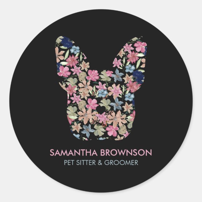 Pink Watercolor Flower Black French BullDog Classic Round Sticker