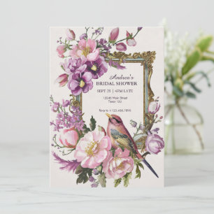 Pink watercolor flower bloom bird Bridal shower Save The Date