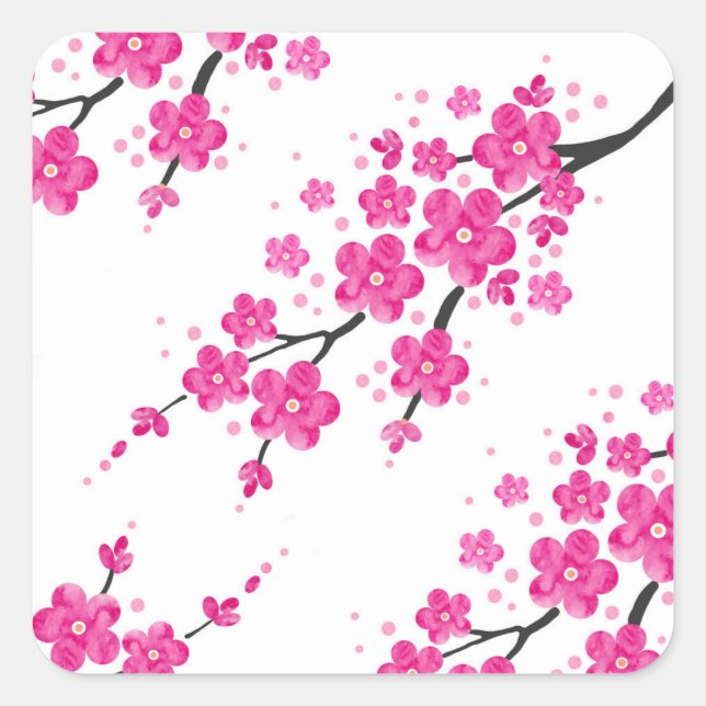 Pink Watercolor Flower Blossoms Square Sticker (Front)