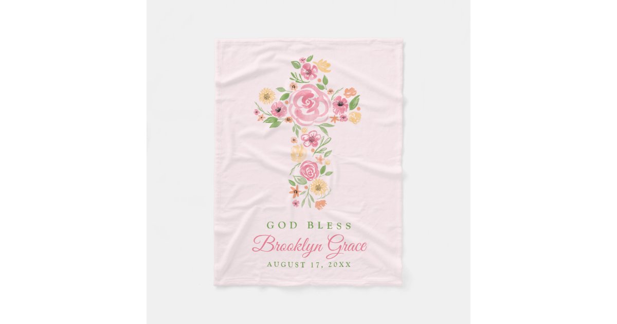 Pink Watercolor Flower Cross Baptism / Christening Fleece Blanket Zazzle