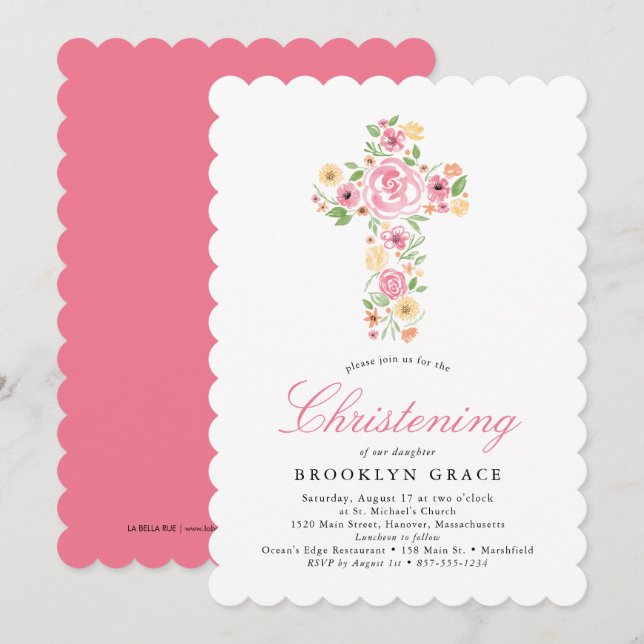 Pink Watercolor Flower Cross Baptism Invitation (Front/Back)