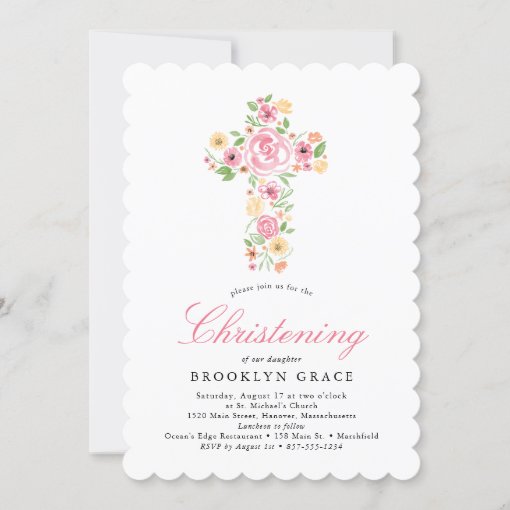 Pink Watercolor Flower Cross Baptism Invitation | Zazzle