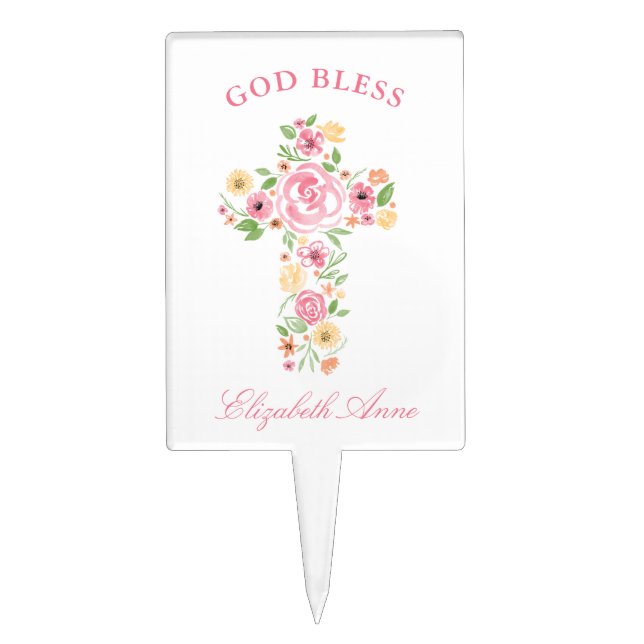 Pink Watercolor Flower Cross First Holy Communion Cake Topper (Front)