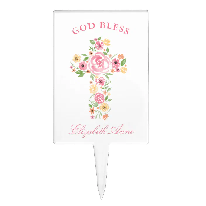 Pink Watercolor Flower Cross First Holy Communion Cake Topper Zazzle Com