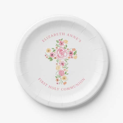 Pink Watercolor Flower Cross First Holy Communion Paper Plates