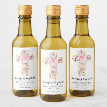 Pink Watercolor Flower Cross First Holy Communion  Wine Label by labellarue at Zazzle