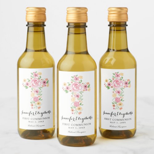 Pink Watercolor Flower Cross First Holy Communion  Wine Label
