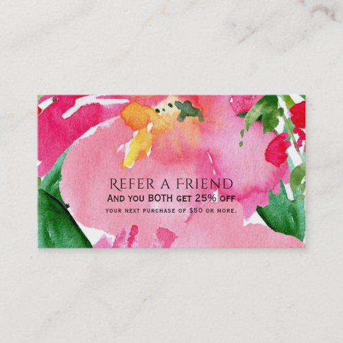 Pink Watercolor Flower Floral Bold Refer a Friend Referral Card