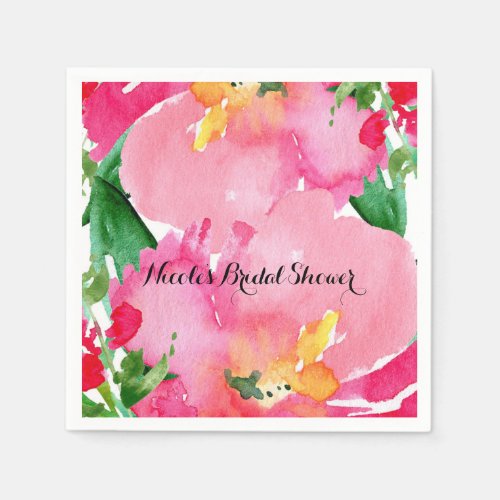 Pink Watercolor Flower Floral Summer Bridal Shower Napkins