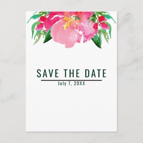 Pink Watercolor Flower Floral Summer Save the Date Announcement Postcard