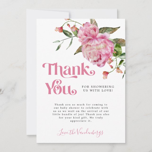 Pink Watercolor Flower Girl Baby Shower Thank You Card (Front)