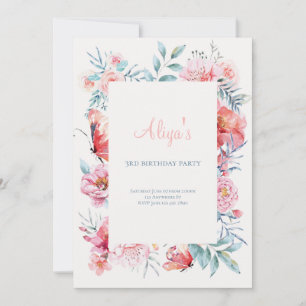 Pink watercolor flower Girls Birthday Party Invitation