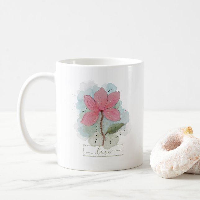 Pink Watercolor Flower Love  Coffee Mug (With Donut)