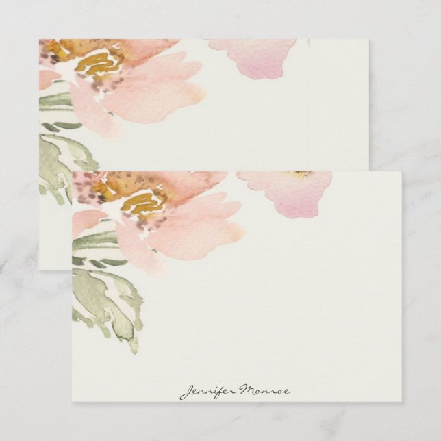 Pink watercolor flower personalized note card (Front/Back)