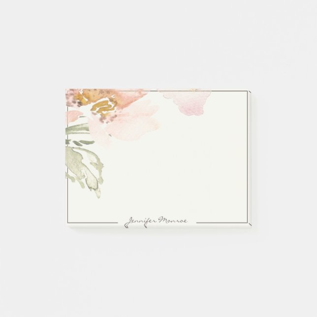 Pink watercolor flower personalized post-it notes (Front)