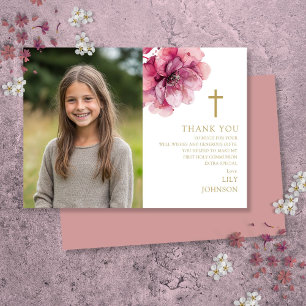 Pink Watercolor Flower Photo First Holy Communion Thank You Card