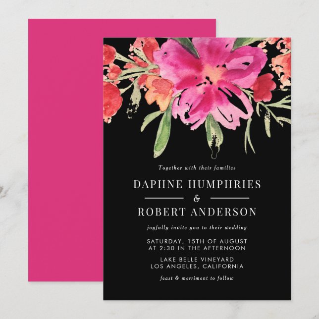 Pink Watercolor Flower Posy Wedding Invitation II (Front/Back)