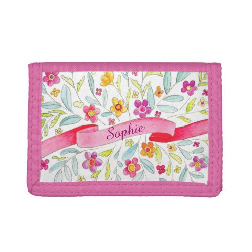 Pink watercolor flower ribbon add your name purse trifold wallet