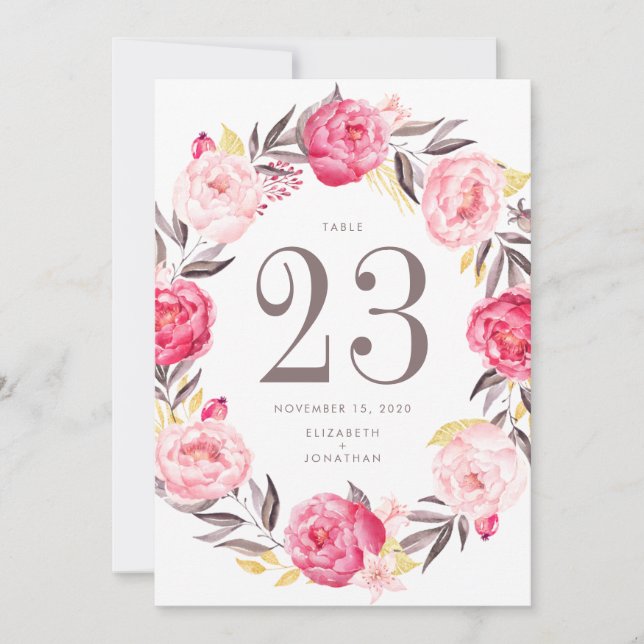 Pink Watercolor Flower Wreath Table Number (Front)