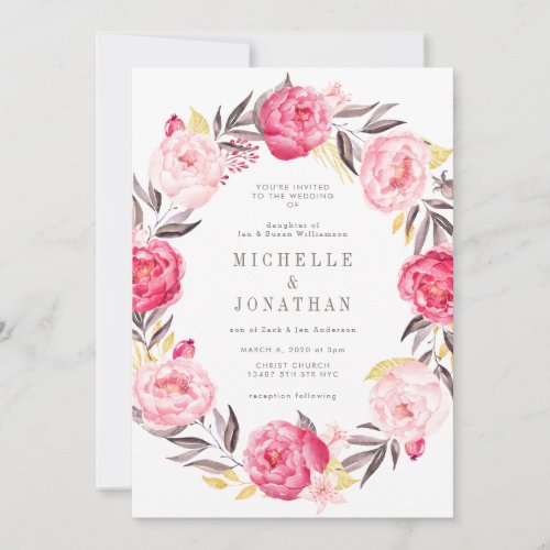 Pink Watercolor Flower Wreath Wedding Invitation