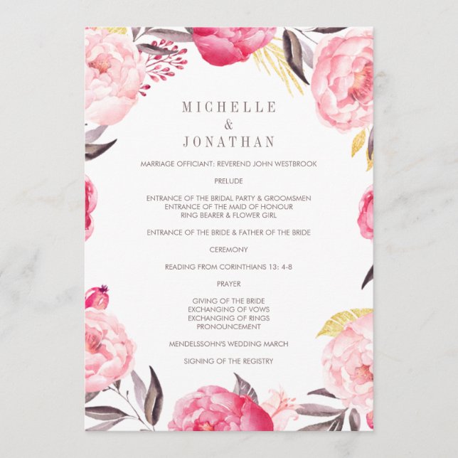 Pink Watercolor Flower Wreath Wedding Program (Front)