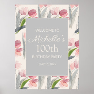 Pink Watercolor Flowers 100th Birthday Women Poster