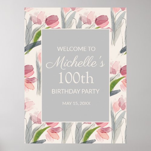 Pink Watercolor Flowers 100th Birthday Women  Poster