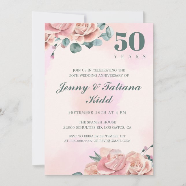 Pink Watercolor Flowers 50th wedding anniversary  Invitation (Front)