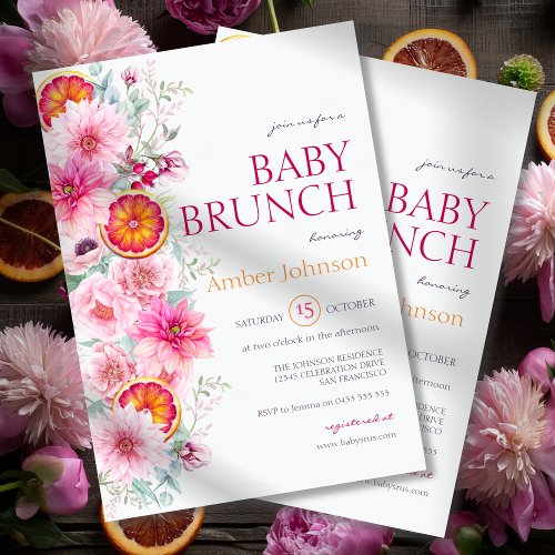 Pink Watercolor Flowers and Citrus Baby Shower Invitation