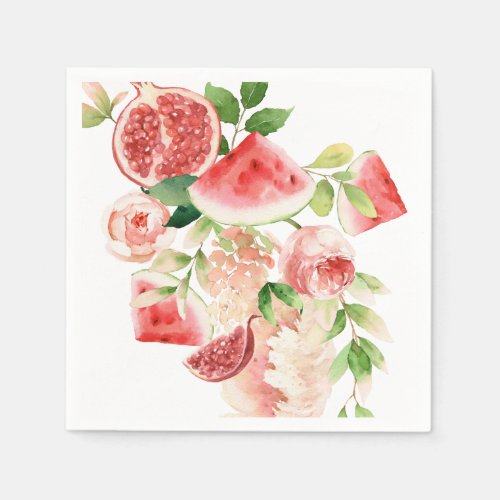 Pink Watercolor Flowers and Fruits  Napkins