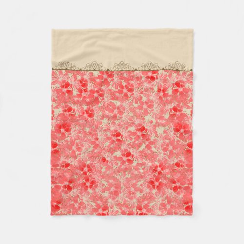 Pink Watercolor Flowers and Gold Lace on Cream Fleece Blanket