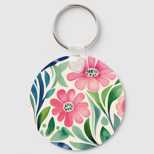 Pink Watercolor Flowers Art  Keychain (Front)