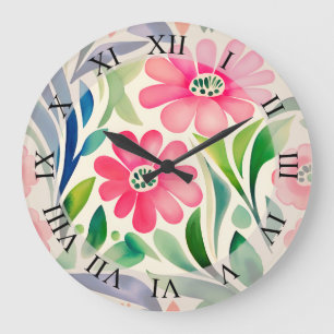 Pink Watercolor Flowers Art Large Clock