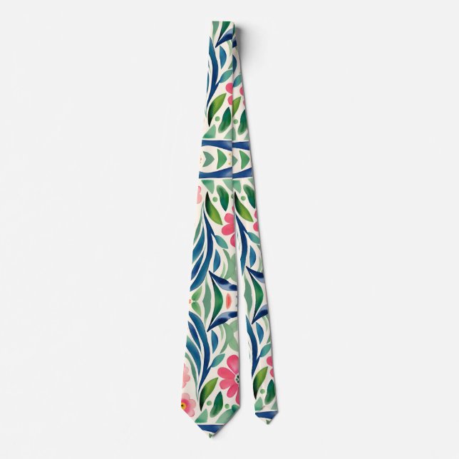 Pink Watercolor Flowers Art  Neck Tie (Front)