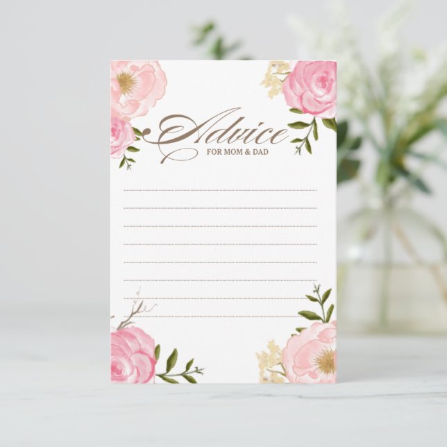 Pink Watercolor Flowers Baby Shower Advice Card II (Standing Front)