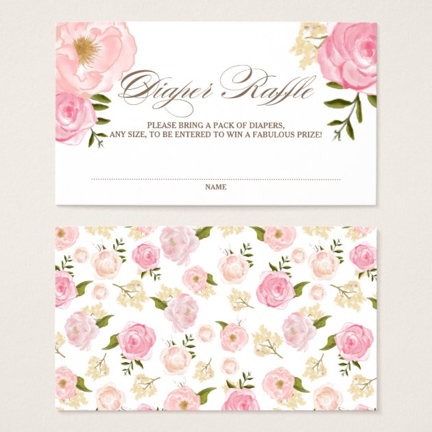 Pink Watercolor Flowers Baby Shower Diaper Raffle Business Card