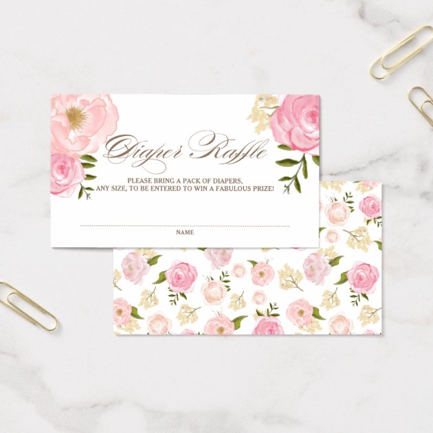 Pink Watercolor Flowers Baby Shower Diaper Raffle Business Card