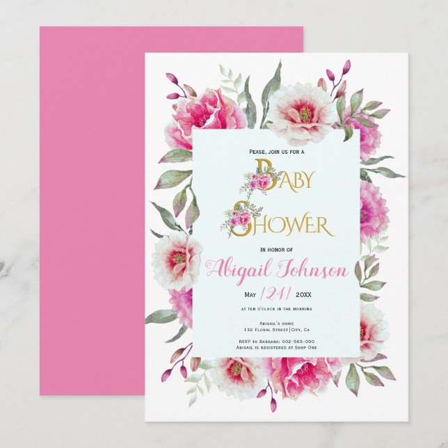 Pink watercolor flowers baby shower for girls invitation (Front/Back)
