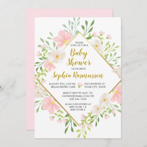 Pink Watercolor Flowers Baby Shower Invitation