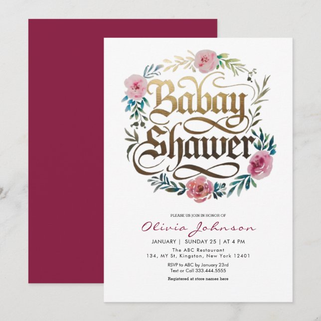 Pink Watercolor Flowers Baby Shower Invitation  (Front/Back)